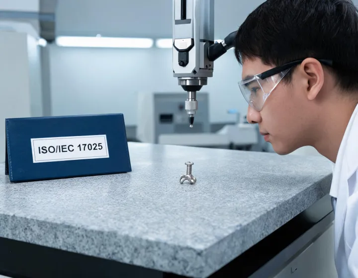 Inspector verifying a medical implant on a CMM granite table