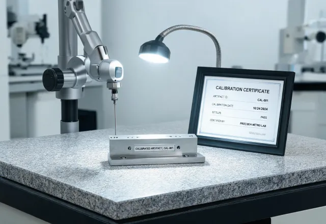 CMM probe system beside calibrated artifact