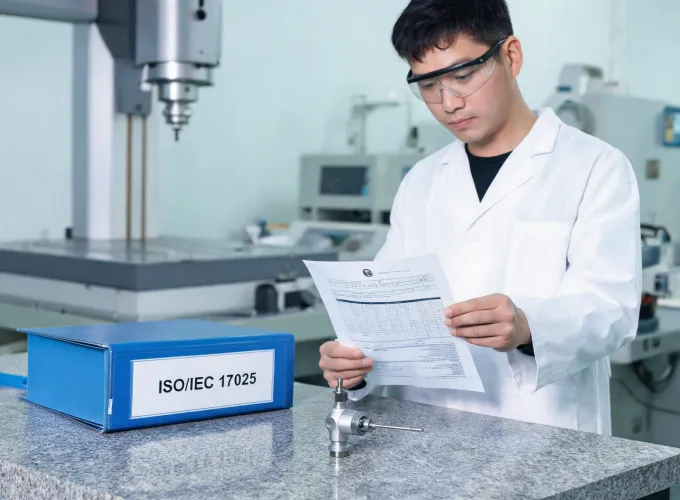 Calibration technician reviewing CMM probe certificate